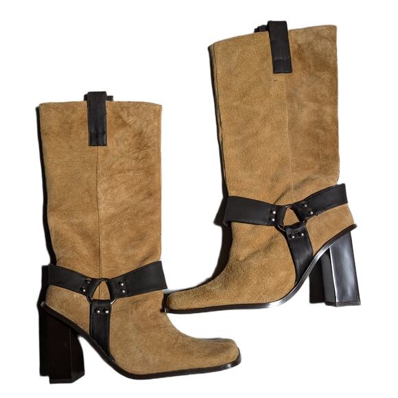 Vtg Y2K Newport News Tan Suede Knee High Square Toe Block Heel Harness Boots 7 - Picture 1 of 6